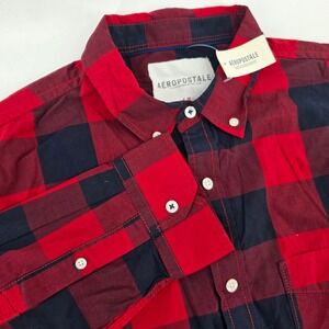 Aeropostale Mens Long‎ Sleeve Red Black Buffalo Plaid Button Down Shirt Size L